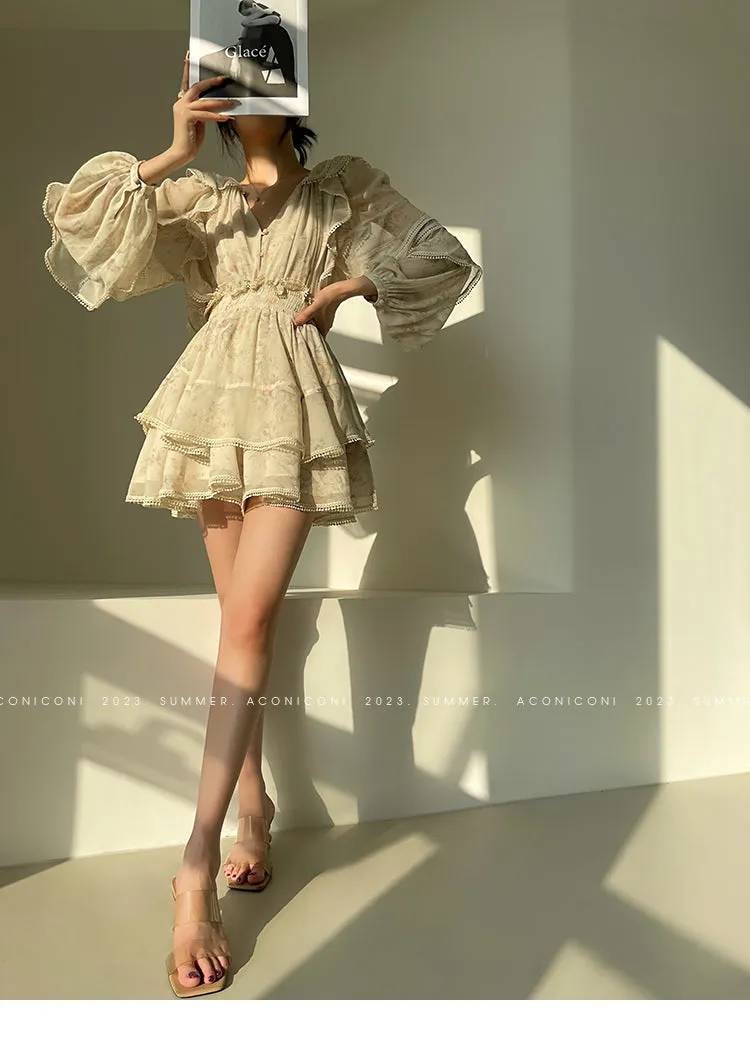 Aconiconi Elegant V-Neck Palace Sleeve Short layered  Dress-Lanshan Qimeng