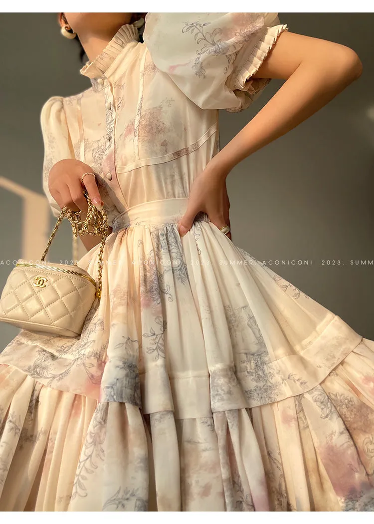 Aconiconi French puff short-sleeved shirt, tank layered printed skirt -  Kono's love letter