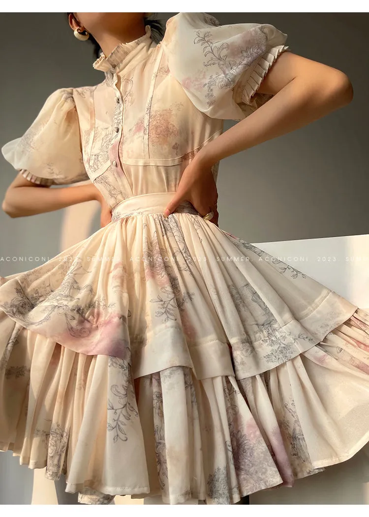 Aconiconi French puff short-sleeved shirt, tank layered printed skirt -  Kono's love letter