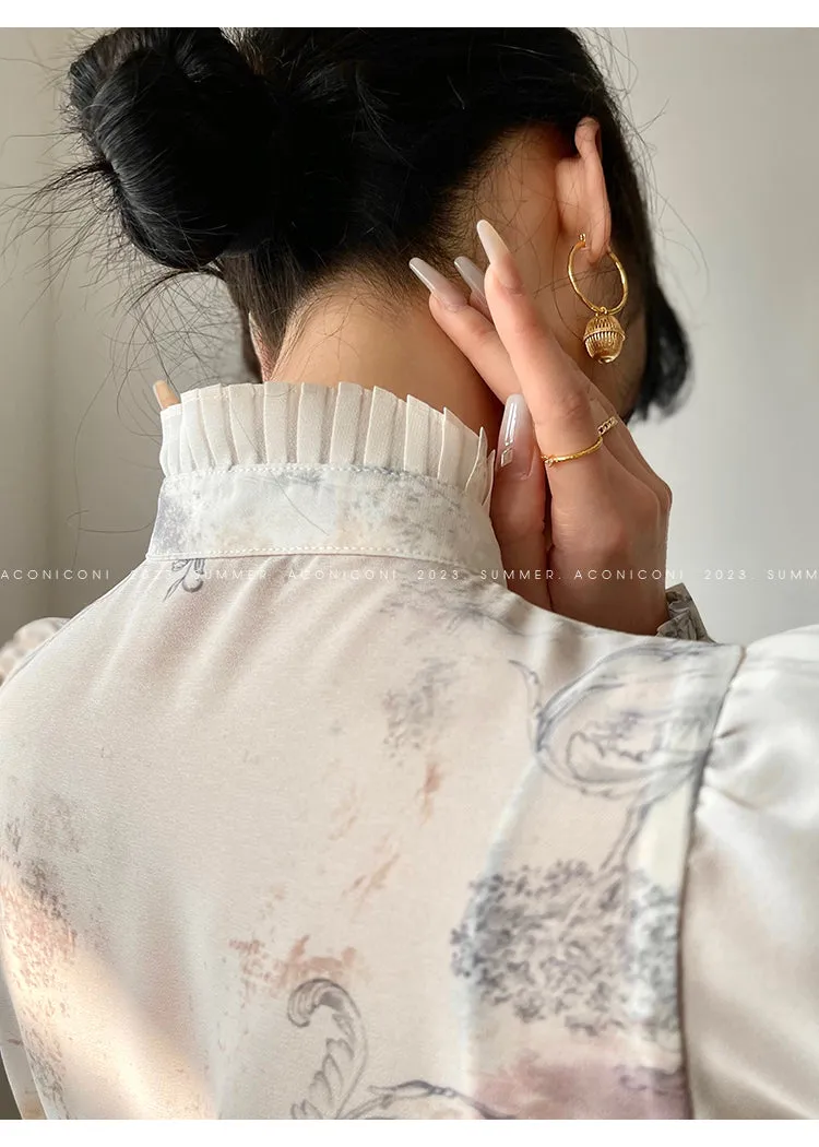 Aconiconi French puff short-sleeved shirt, tank layered printed skirt -  Kono's love letter