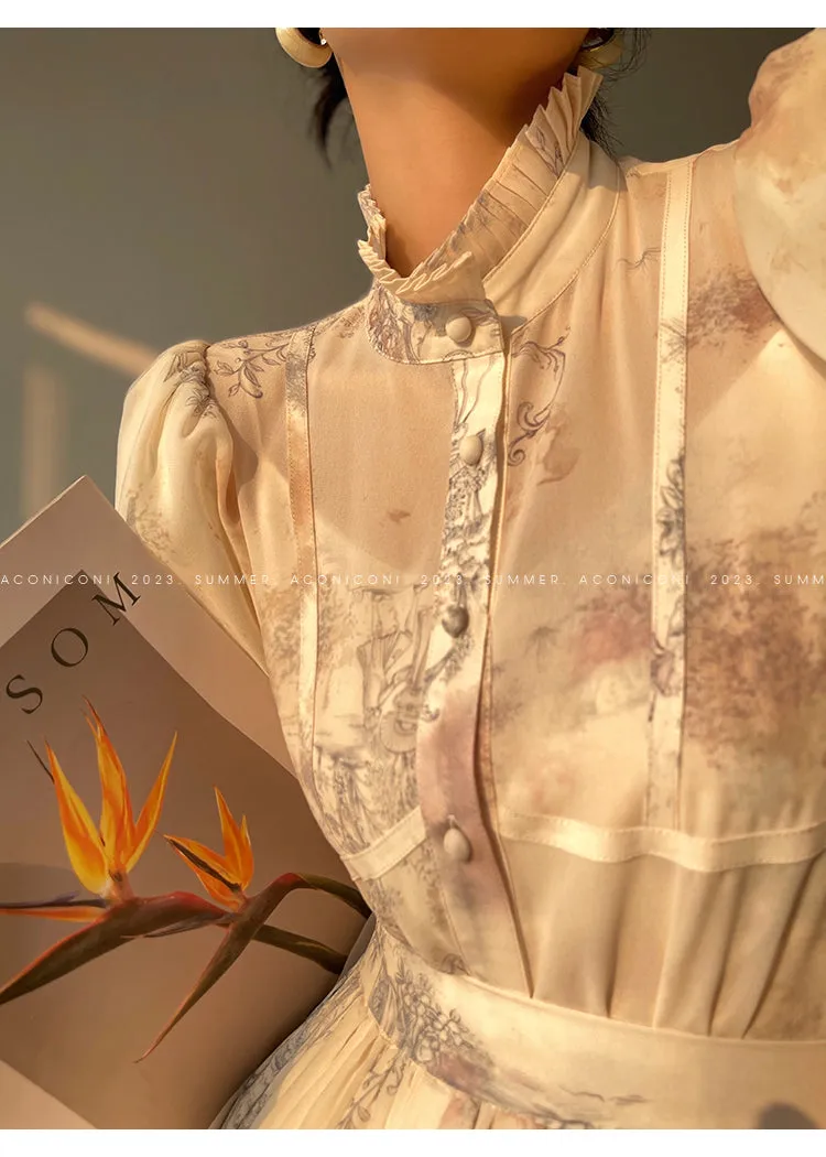 Aconiconi French puff short-sleeved shirt, tank layered printed skirt -  Kono's love letter