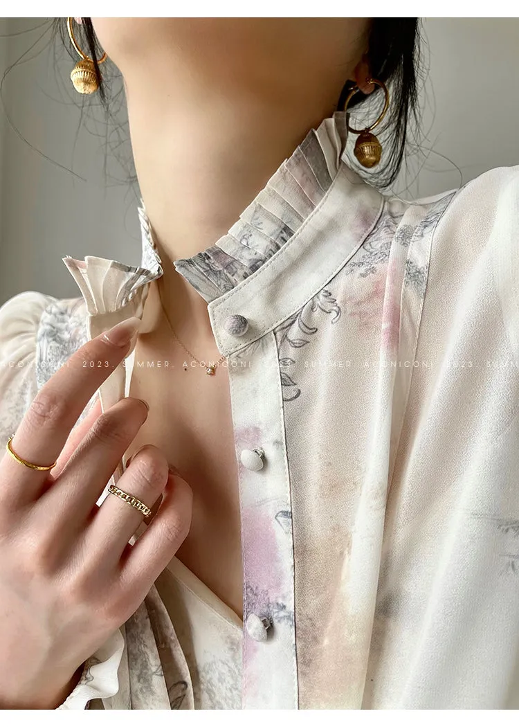 Aconiconi French puff short-sleeved shirt, tank layered printed skirt -  Kono's love letter