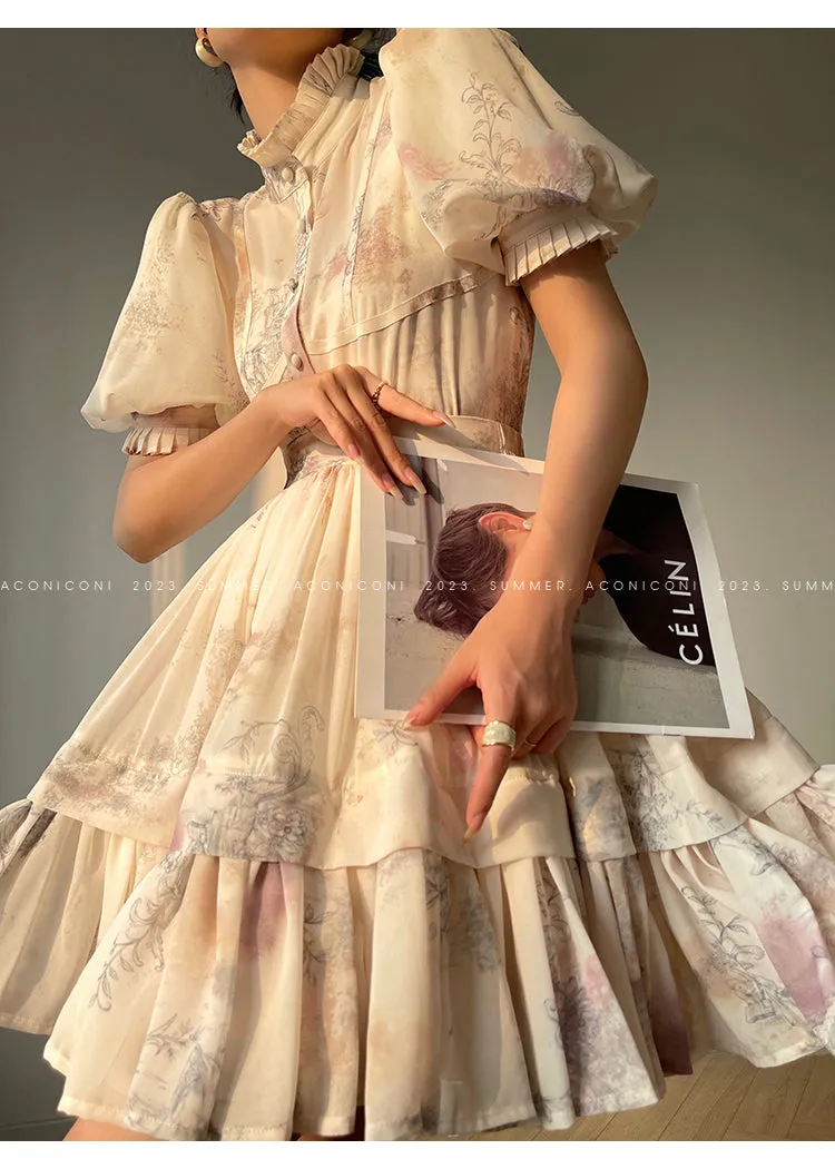 Aconiconi French puff short-sleeved shirt, tank layered printed skirt -  Kono's love letter