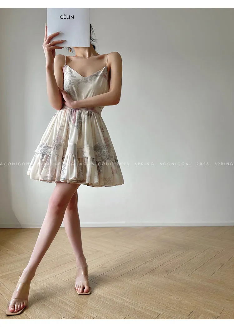 Aconiconi French puff short-sleeved shirt, tank layered printed skirt -  Kono's love letter
