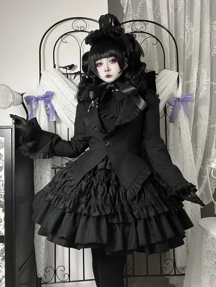 Black Gothic Lolita Tiered Ruffle Puffy Skirt
