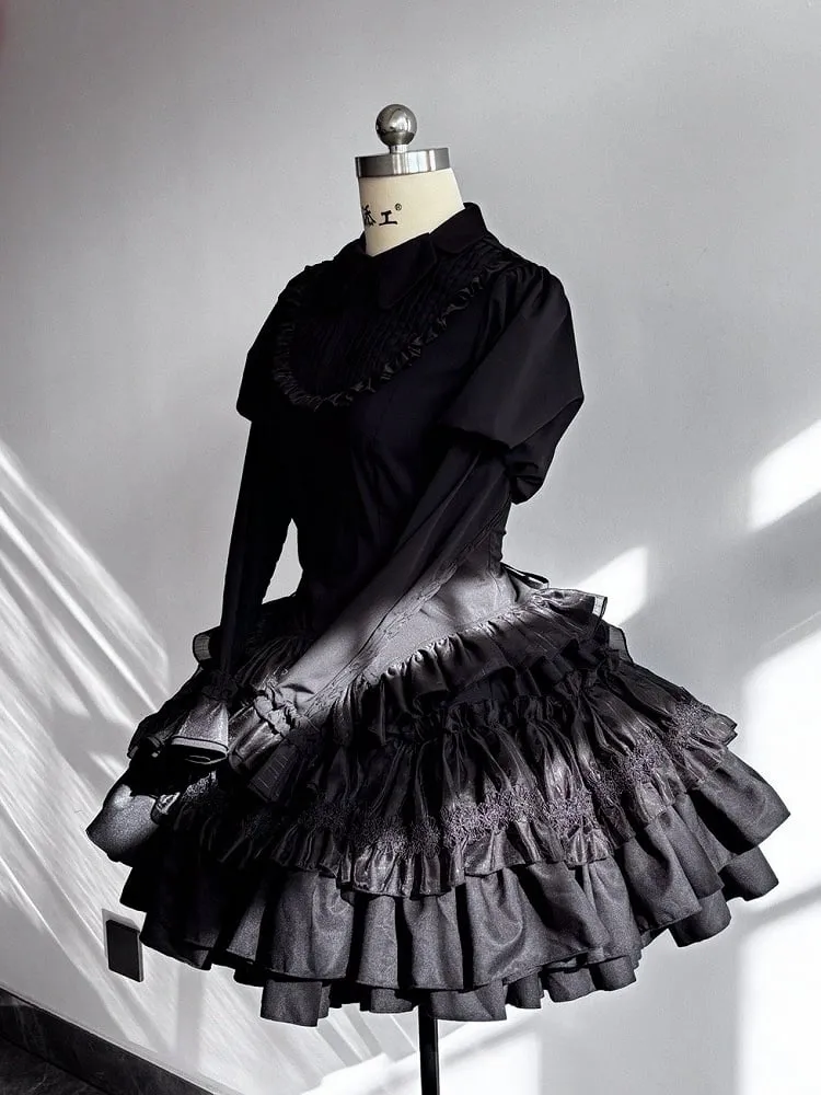 Black Gothic Lolita Tiered Ruffle Puffy Skirt