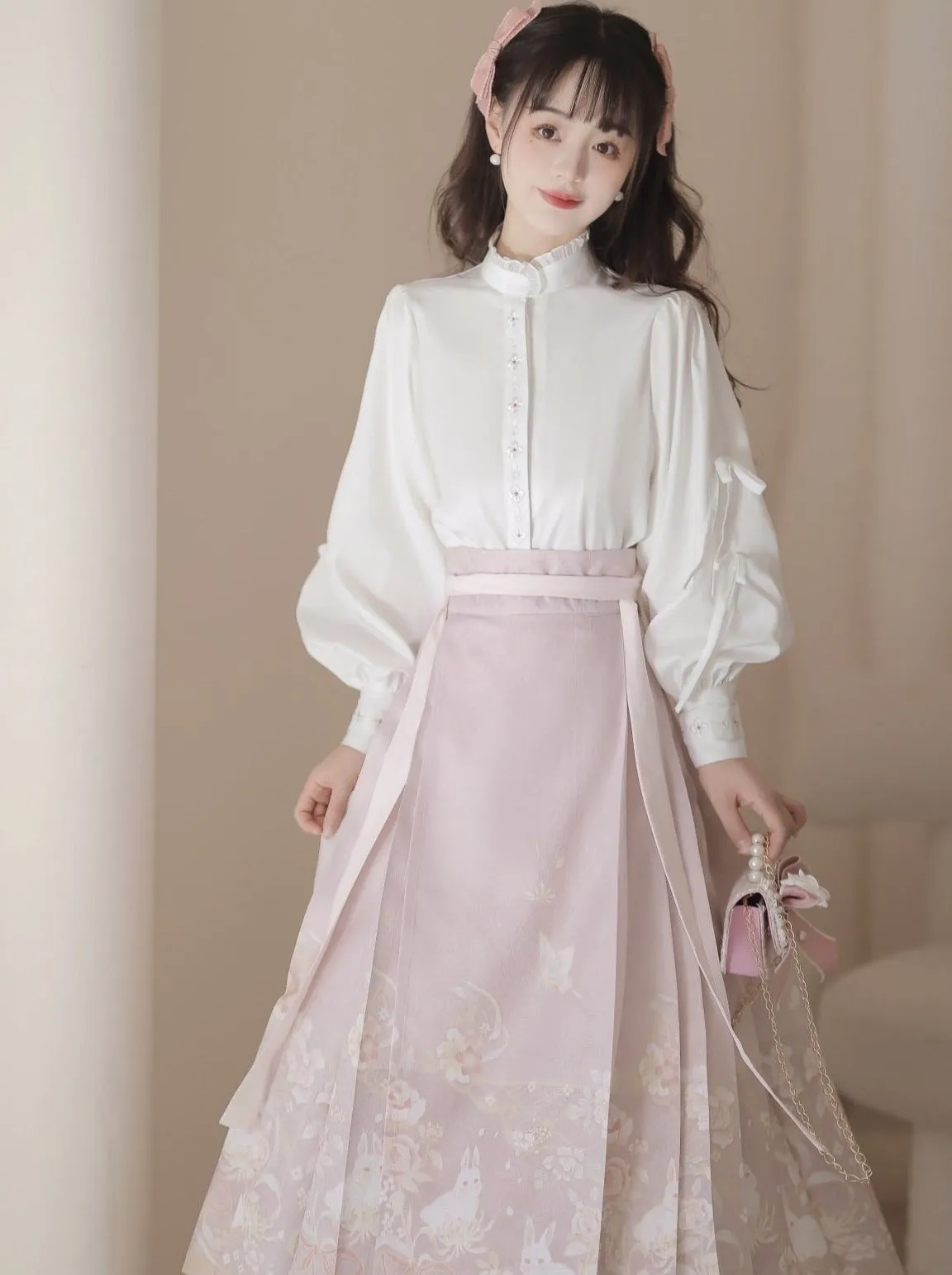 Blouse Sweet Neck Ruffle   Rabbit China Skirt