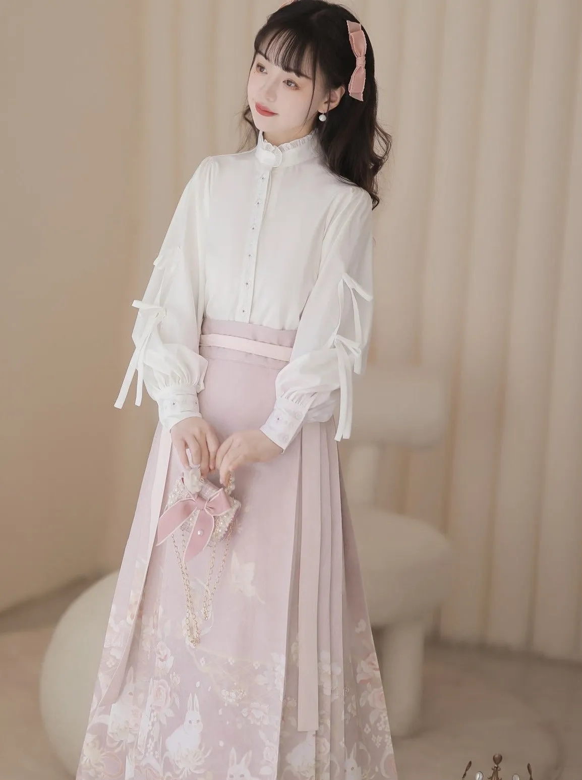 Blouse Sweet Neck Ruffle   Rabbit China Skirt