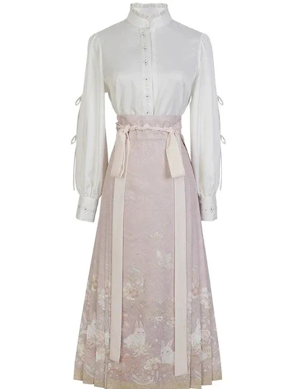 Blouse Sweet Neck Ruffle   Rabbit China Skirt