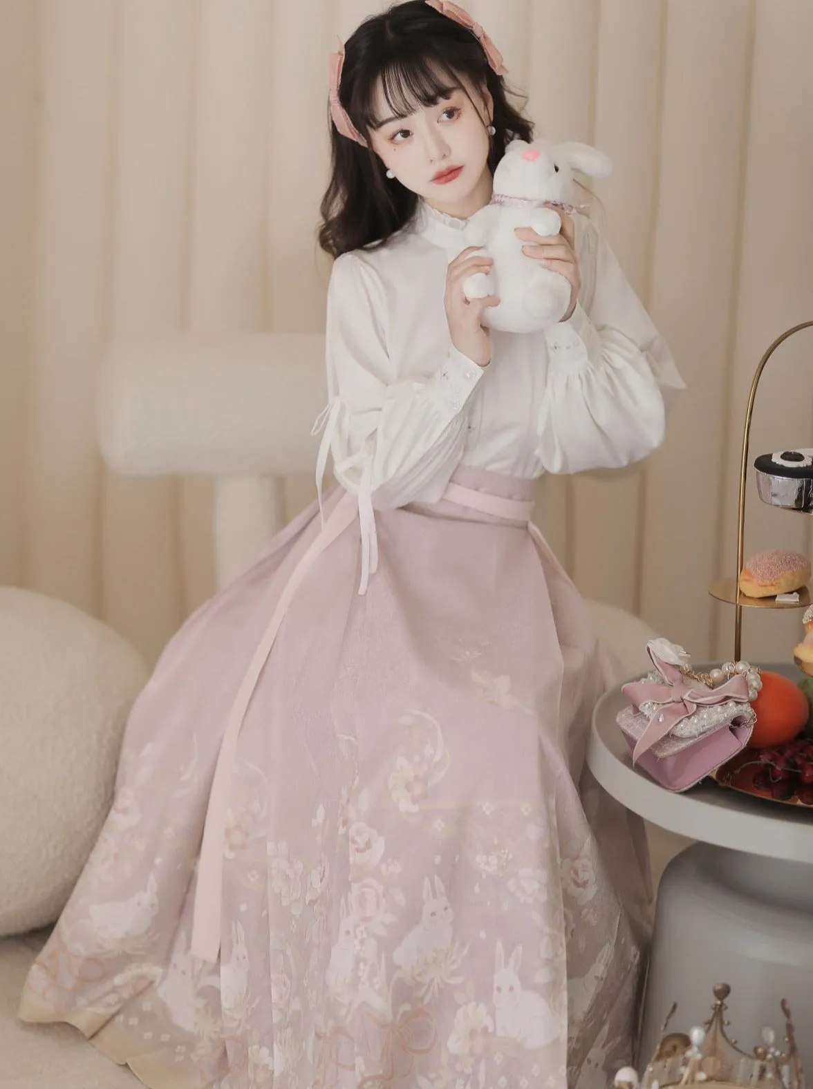 Blouse Sweet Neck Ruffle   Rabbit China Skirt
