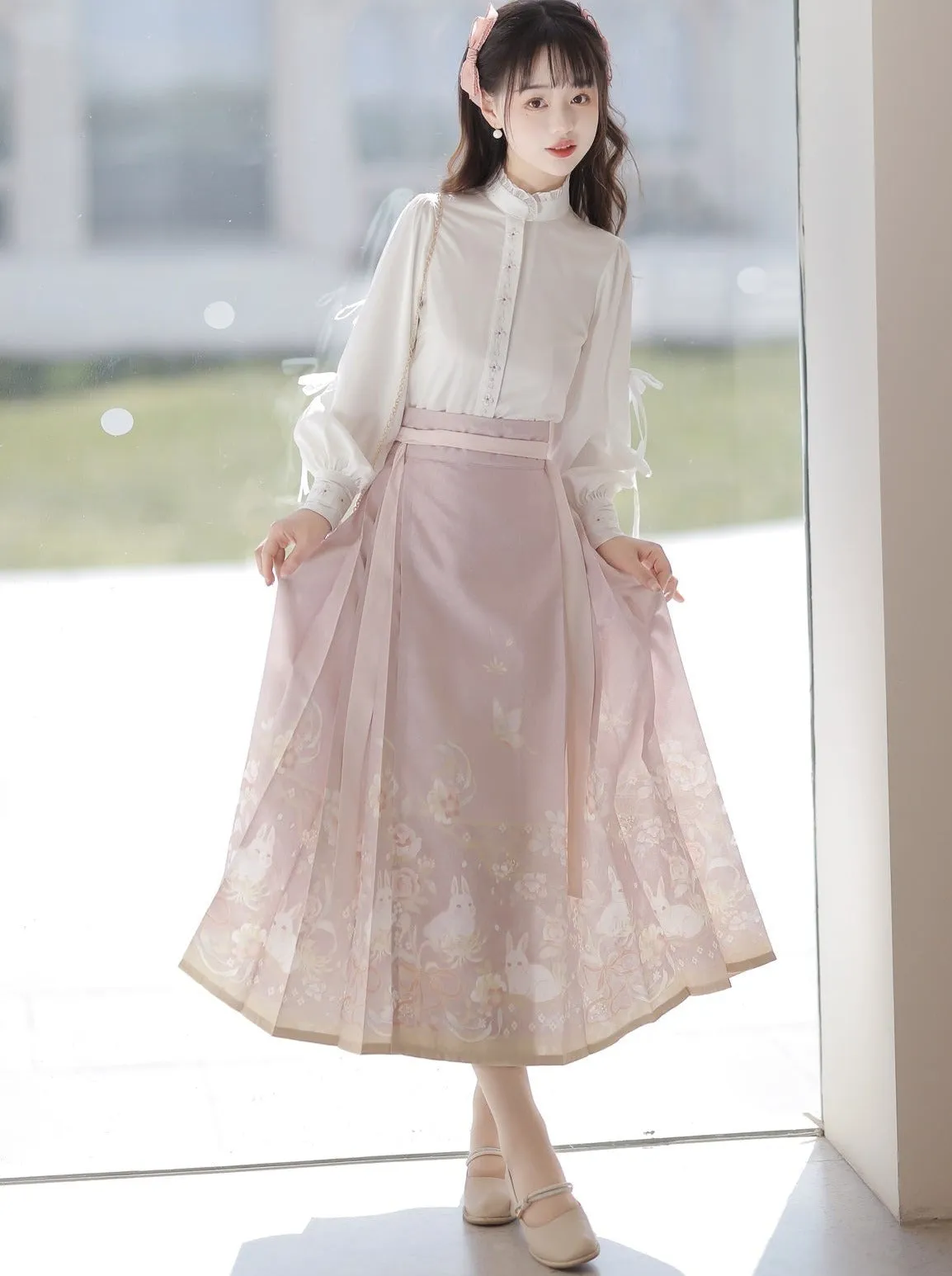 Blouse Sweet Neck Ruffle   Rabbit China Skirt