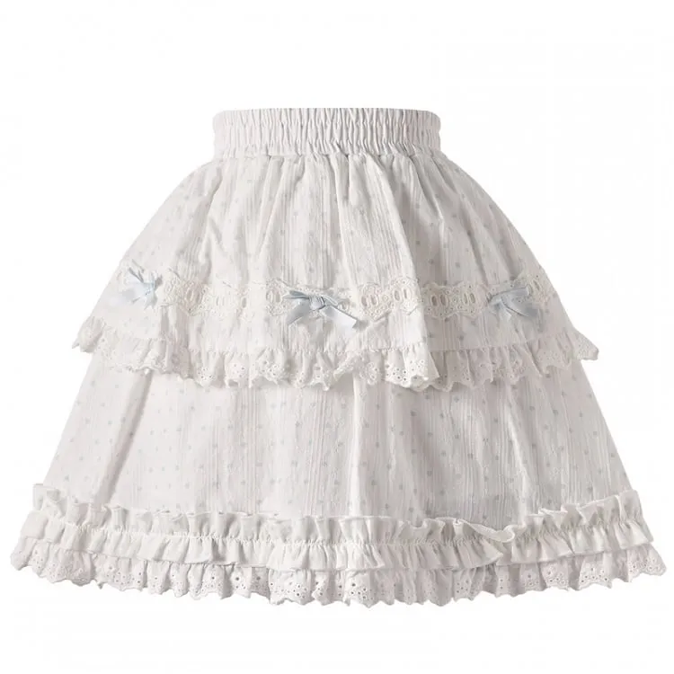 Blue/Pink Polka Dot Bowknots Ruffled Lace Trim Tiered Skirt