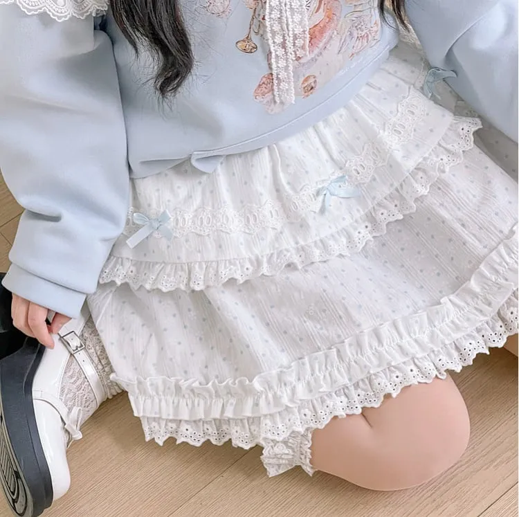 Blue/Pink Polka Dot Bowknots Ruffled Lace Trim Tiered Skirt