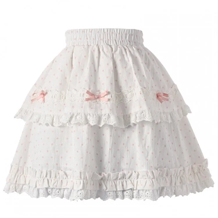 Blue/Pink Polka Dot Bowknots Ruffled Lace Trim Tiered Skirt