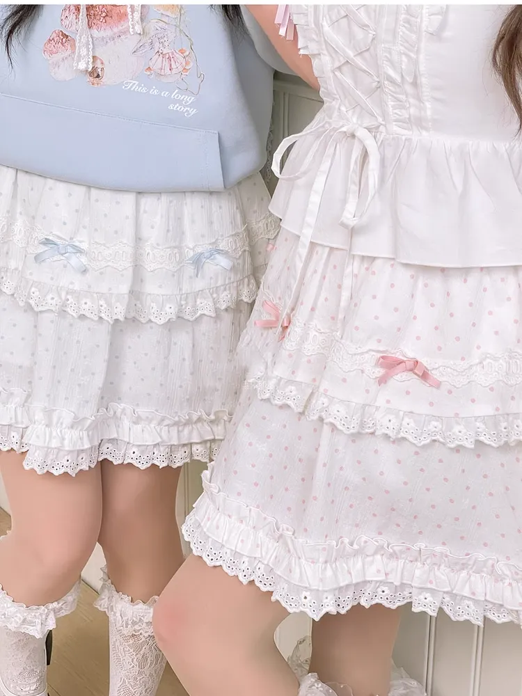 Blue/Pink Polka Dot Bowknots Ruffled Lace Trim Tiered Skirt