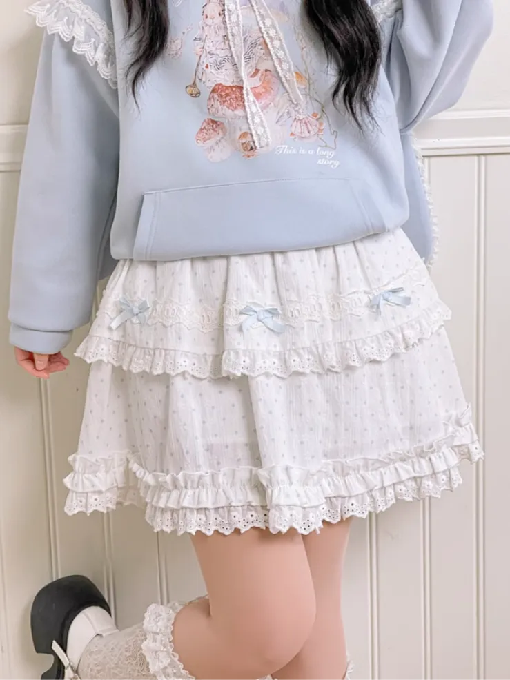 Blue/Pink Polka Dot Bowknots Ruffled Lace Trim Tiered Skirt