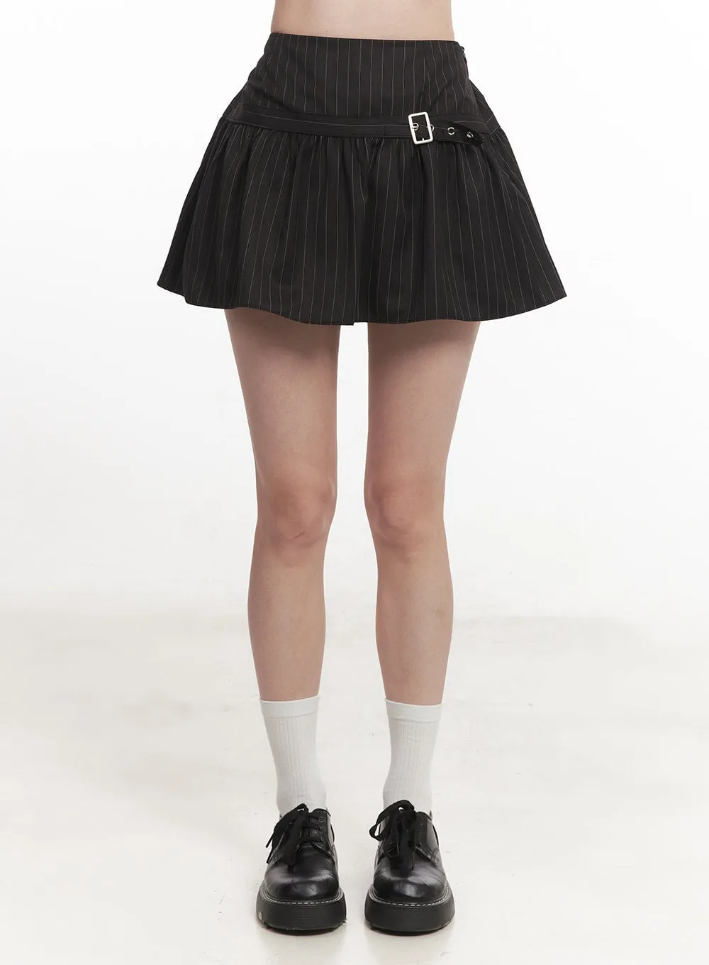 Buckle Flare Stripe Mini Skirt CA501