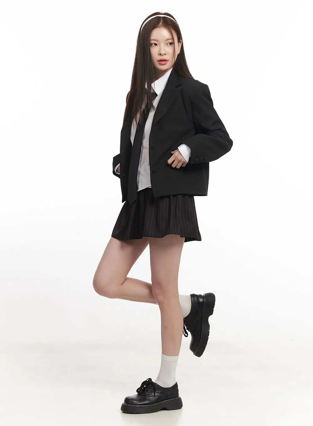 Buckle Flare Stripe Mini Skirt CA501