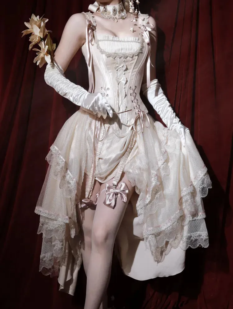 Champagne Lace-up Details Boned Corset Top   High-low Layered Lolita Skirt
