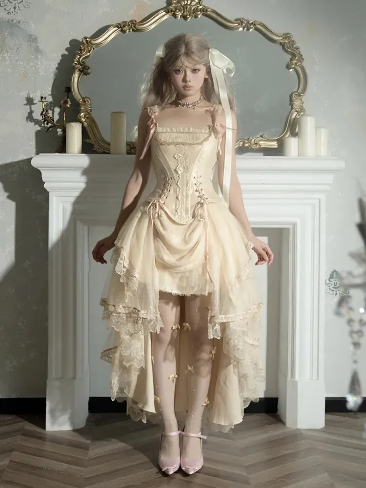 Champagne Lace-up Details Boned Corset Top   High-low Layered Lolita Skirt