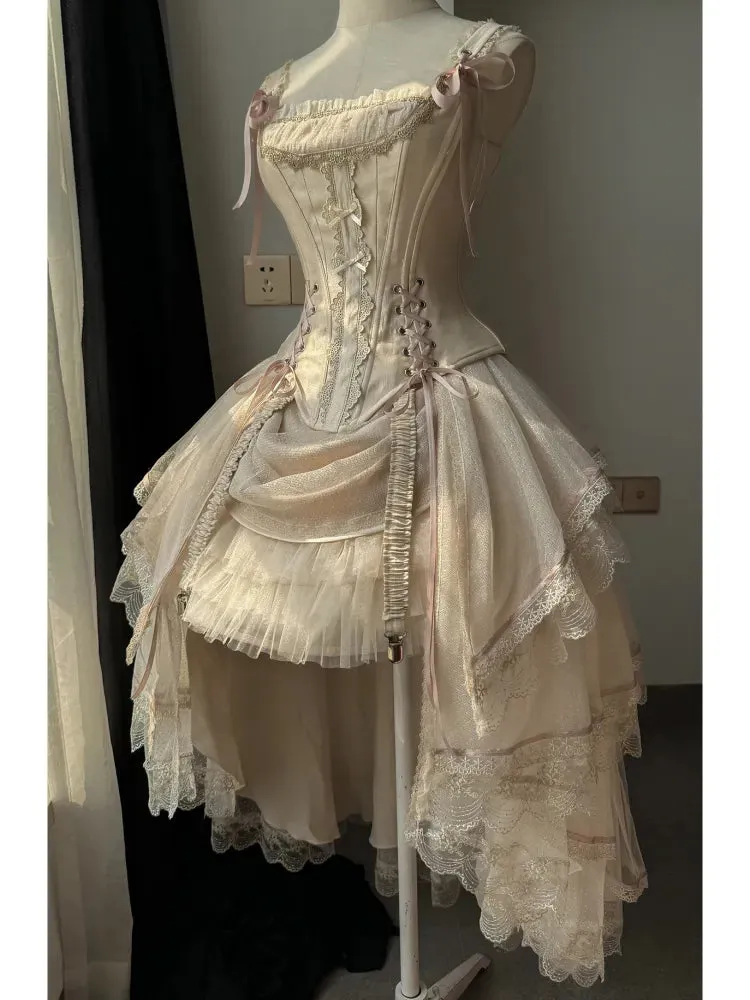 Champagne Lace-up Details Boned Corset Top   High-low Layered Lolita Skirt