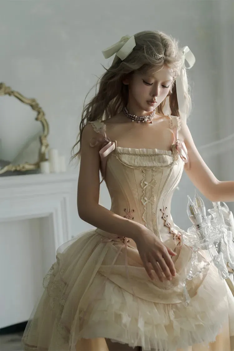 Champagne Lace-up Details Boned Corset Top   High-low Layered Lolita Skirt