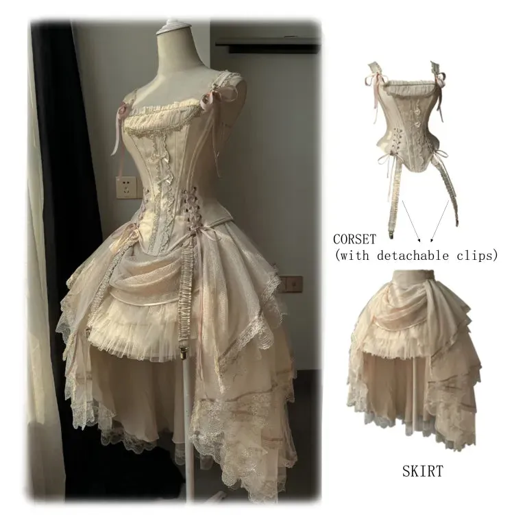Champagne Lace-up Details Boned Corset Top   High-low Layered Lolita Skirt