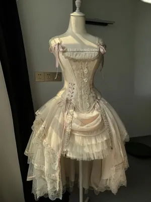 Champagne Lace-up Details Boned Corset Top   High-low Layered Lolita Skirt