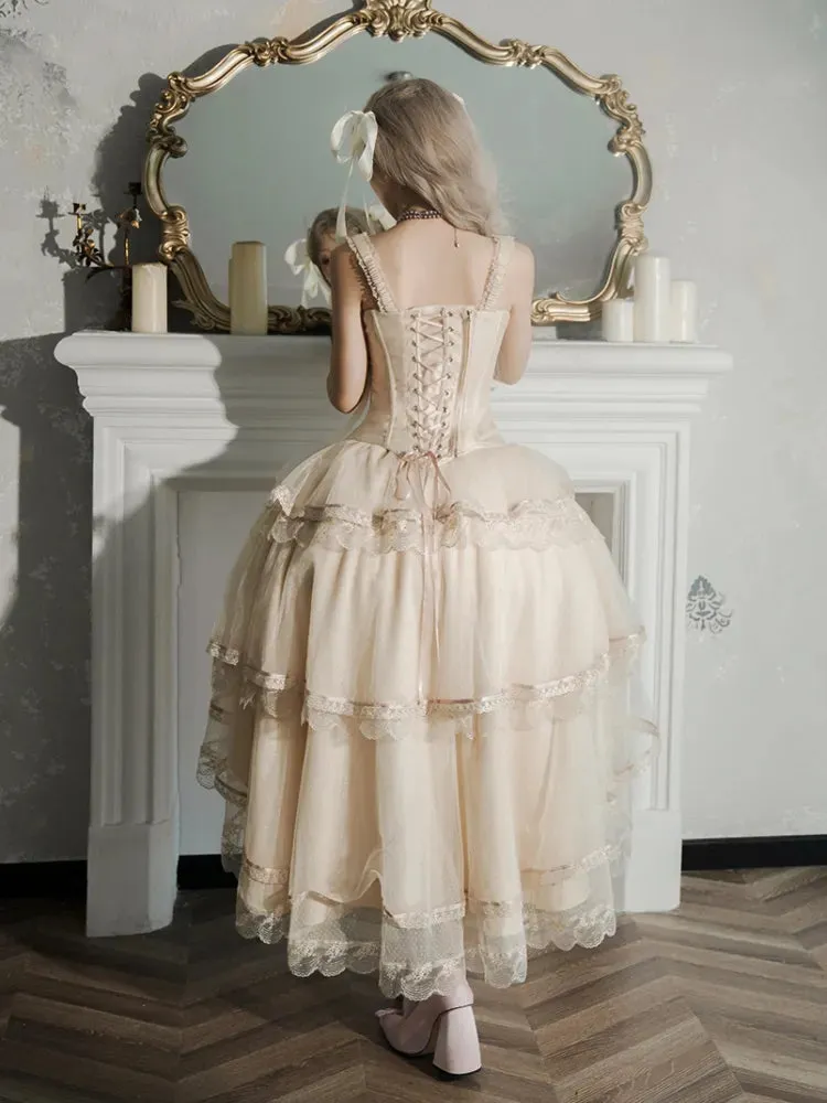 Champagne Lace-up Details Boned Corset Top   High-low Layered Lolita Skirt