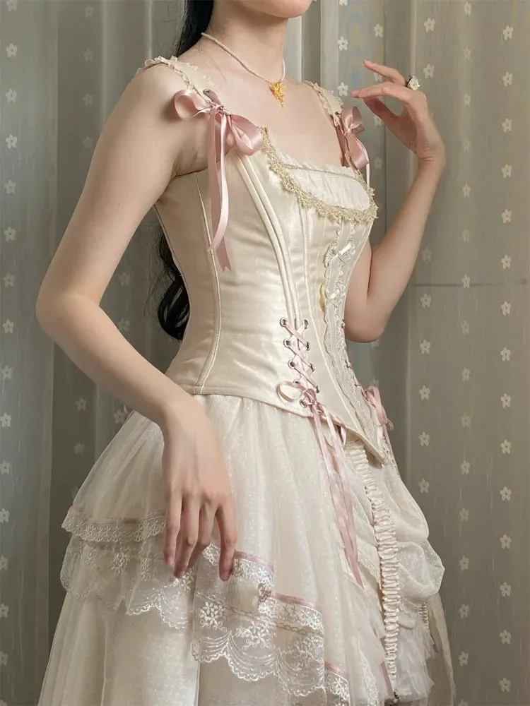 Champagne Lace-up Details Boned Corset Top   High-low Layered Lolita Skirt