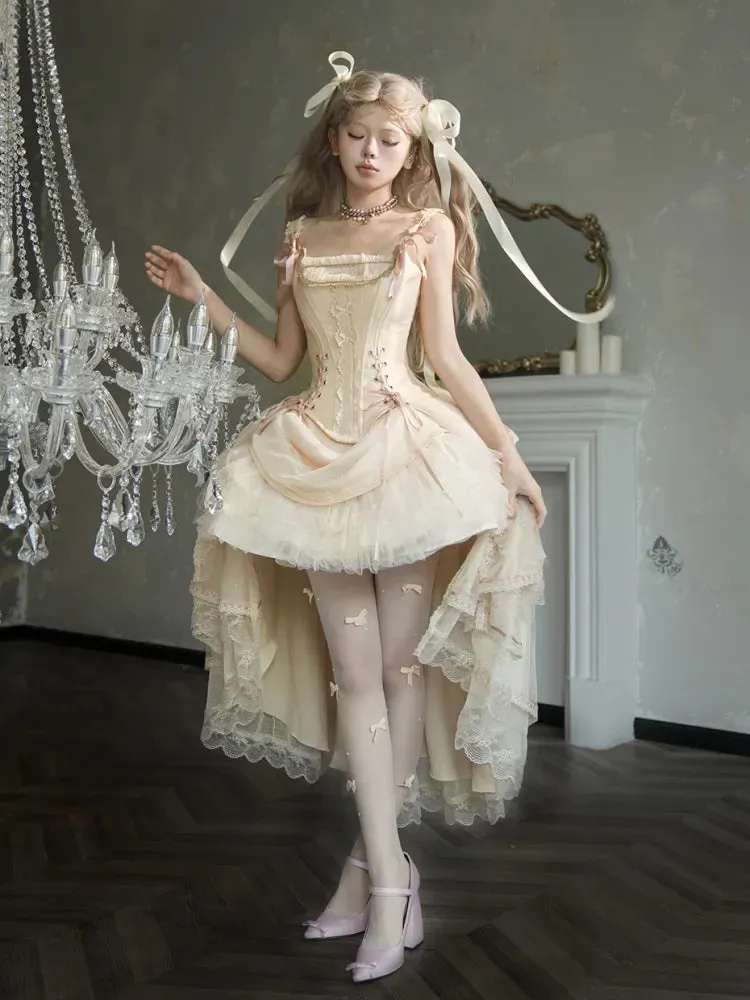 Champagne Lace-up Details Boned Corset Top   High-low Layered Lolita Skirt