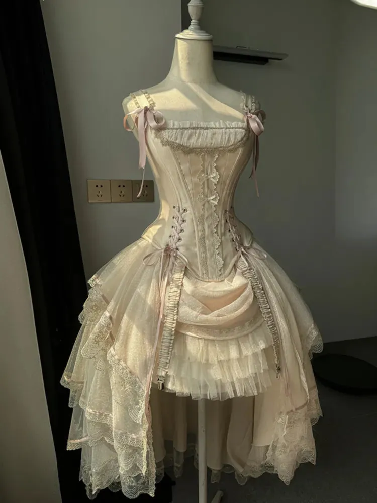 Champagne Lace-up Details Boned Corset Top   High-low Layered Lolita Skirt