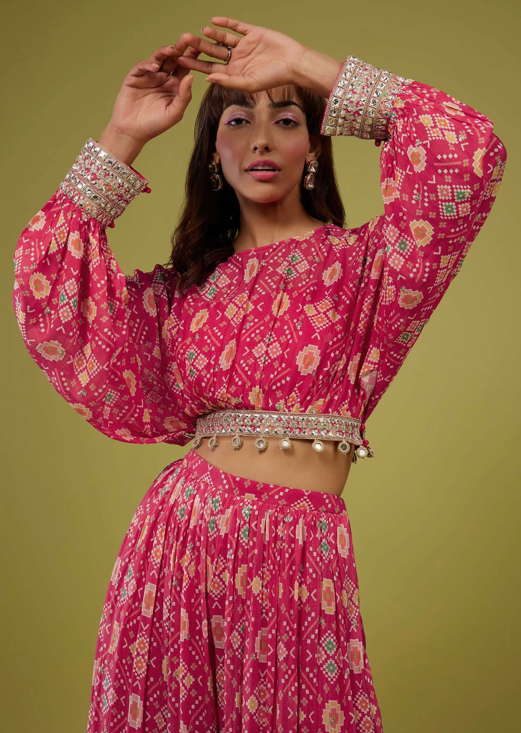 Cherry Pink Patola Print Crop Top And Palazzo Set In Dola Silk
