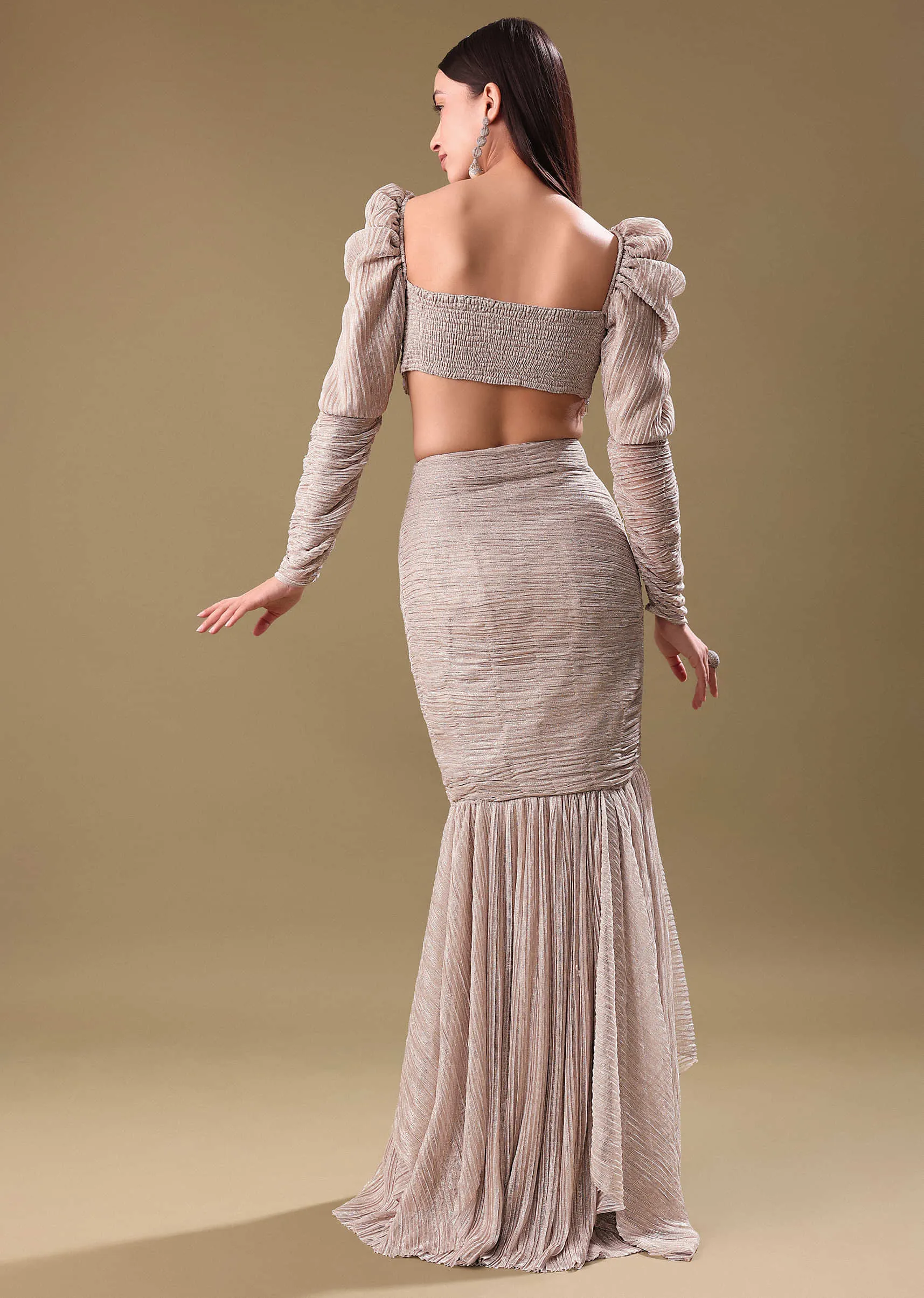 Cream Crushed Shimmer Fishcut Skirt And Blouse