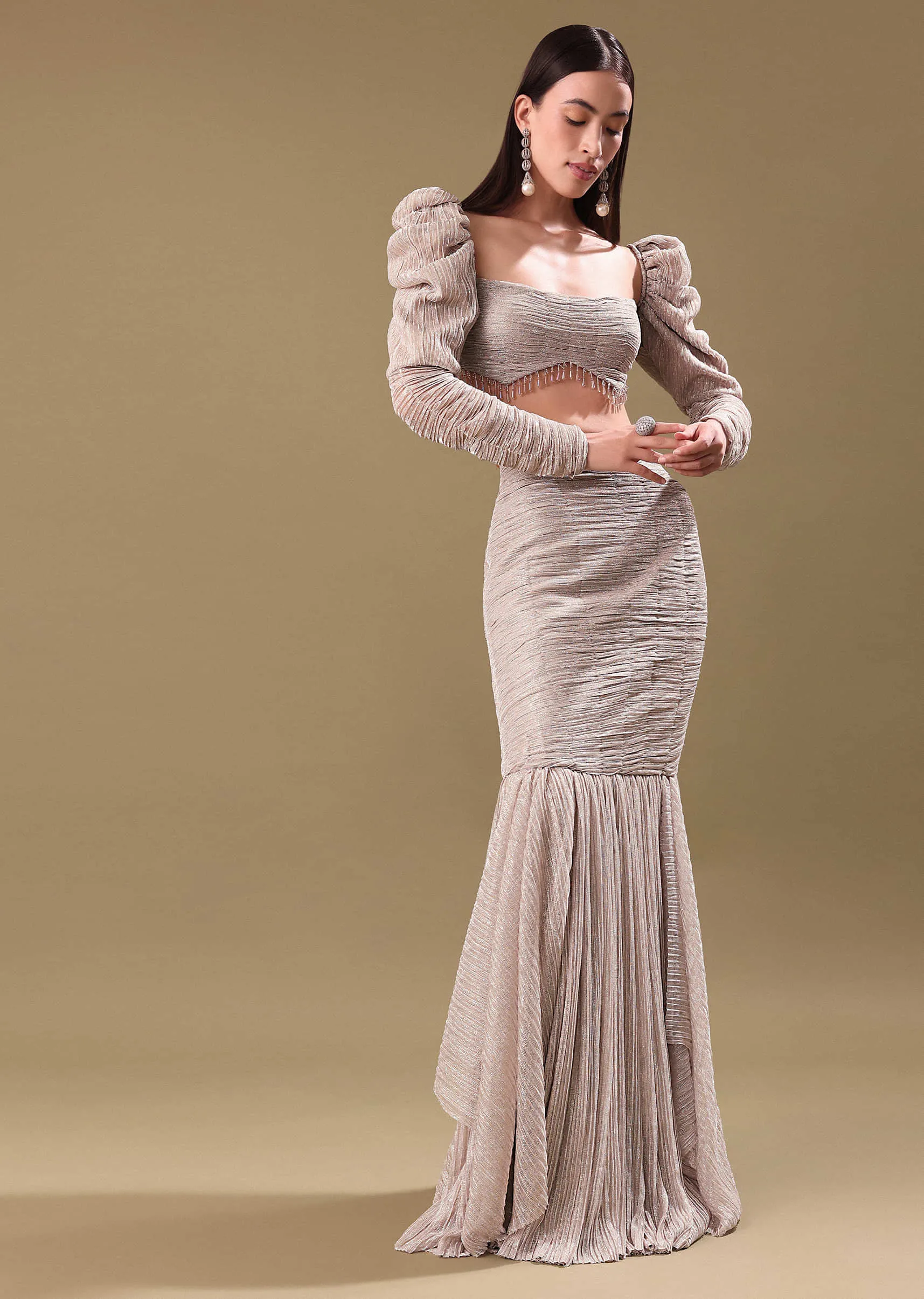 Cream Crushed Shimmer Fishcut Skirt And Blouse