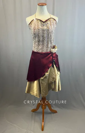 Custom Maroon and Ivory Corset Dress With Maroon Satin Skirt Wth Rhinestones