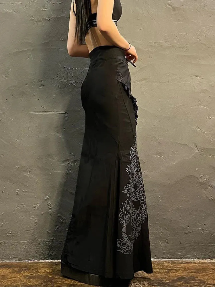 Drachenmotiv A-Linie Maxiskirt mit Spitze Schwarzer Gothic-Look