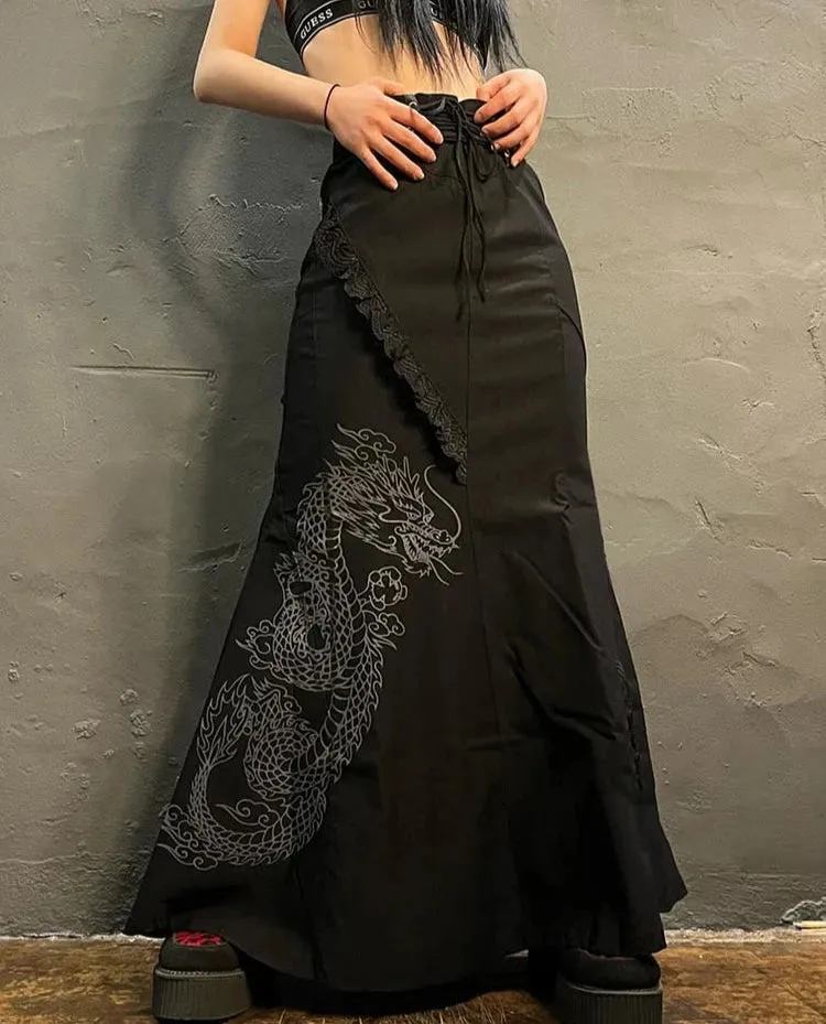 Drachenmotiv A-Linie Maxiskirt mit Spitze Schwarzer Gothic-Look