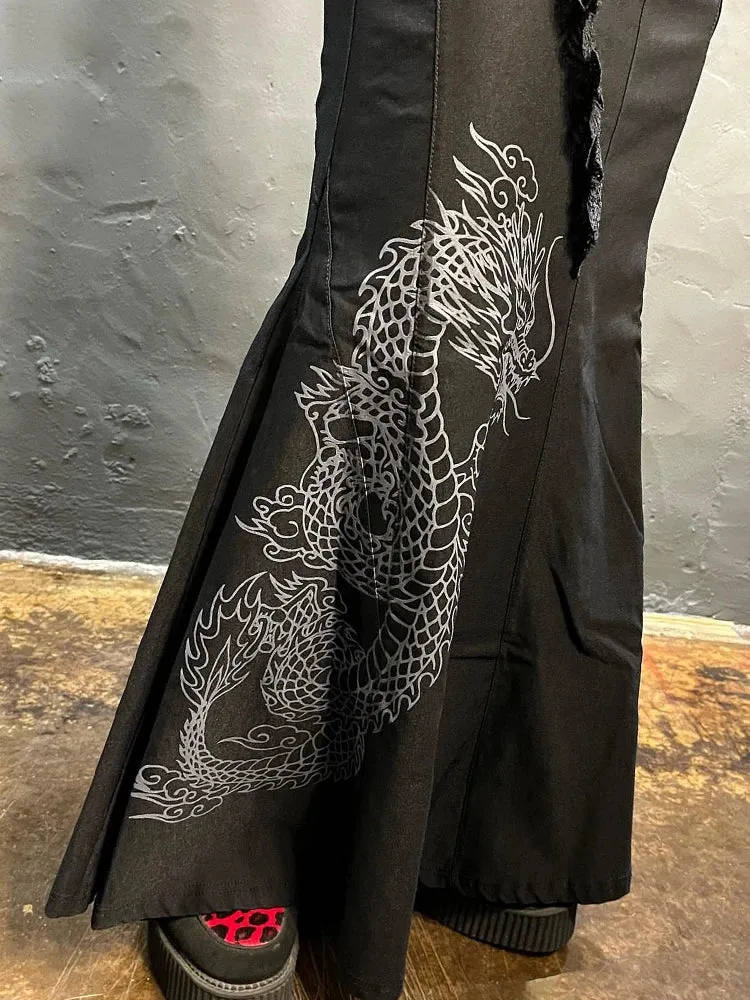 Drachenmotiv A-Linie Maxiskirt mit Spitze Schwarzer Gothic-Look