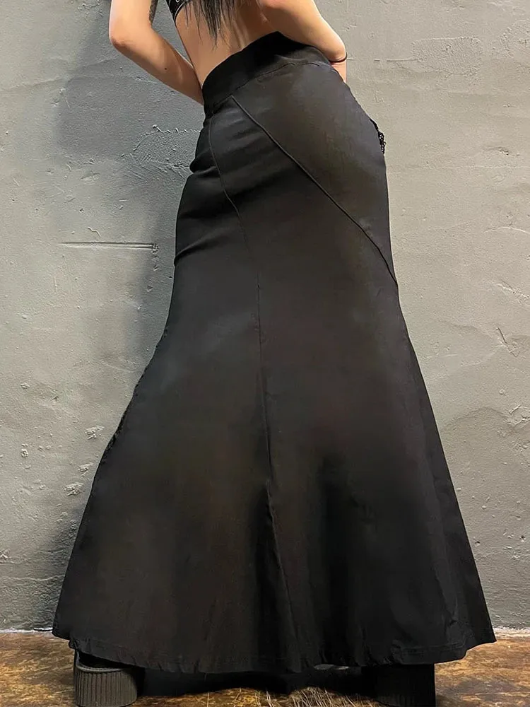 Drachenmotiv A-Linie Maxiskirt mit Spitze Schwarzer Gothic-Look