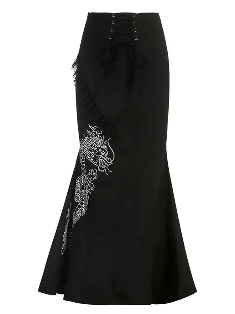 Drachenmotiv A-Linie Maxiskirt mit Spitze Schwarzer Gothic-Look