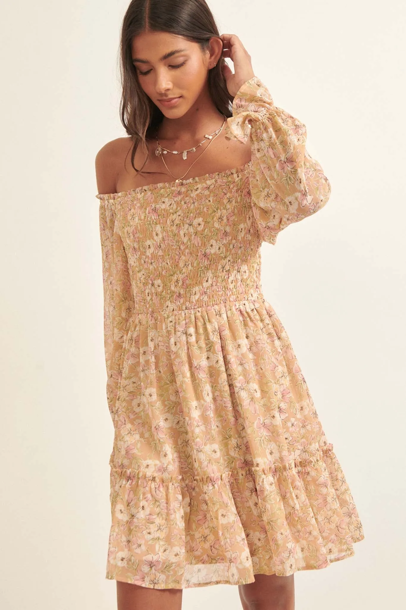 Floral Flourish Chiffon Off-Shoulder Mini Dress