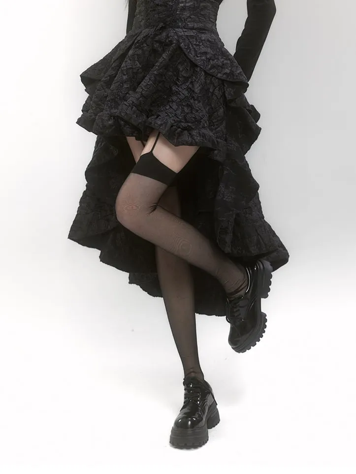 Gothic Black High Waist High-low Ruffle Skirt with Lace-up Detail at Front