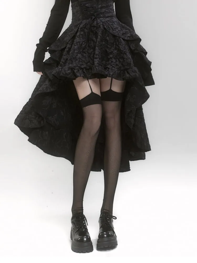 Gothic Black High Waist High-low Ruffle Skirt with Lace-up Detail at Front