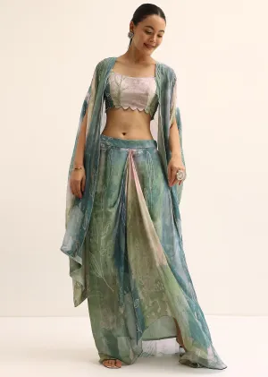 Green Embroidered Crop Top And Skirt Set