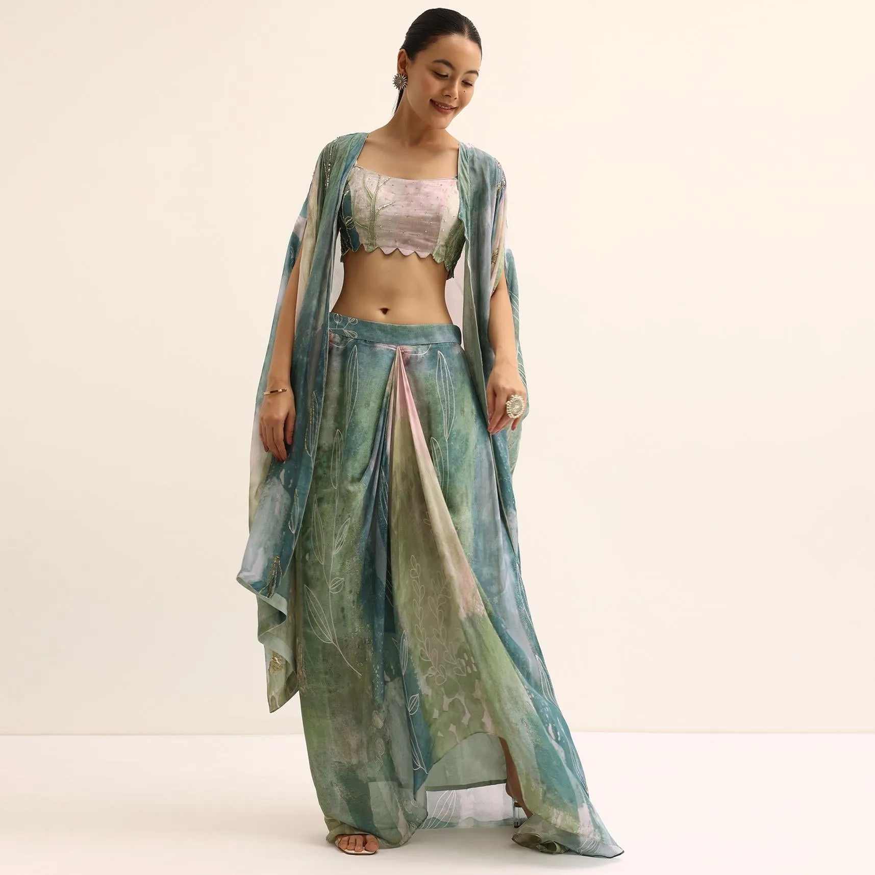 Green Embroidered Crop Top And Skirt Set