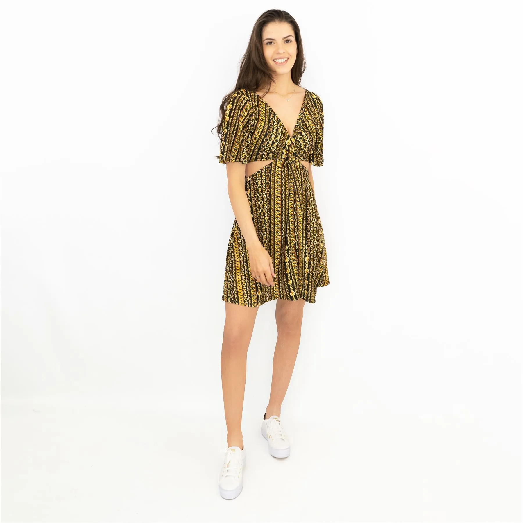Karen Millen Side Cut Out Gold Chain Print Jersey Short Sleeve Mini Dress