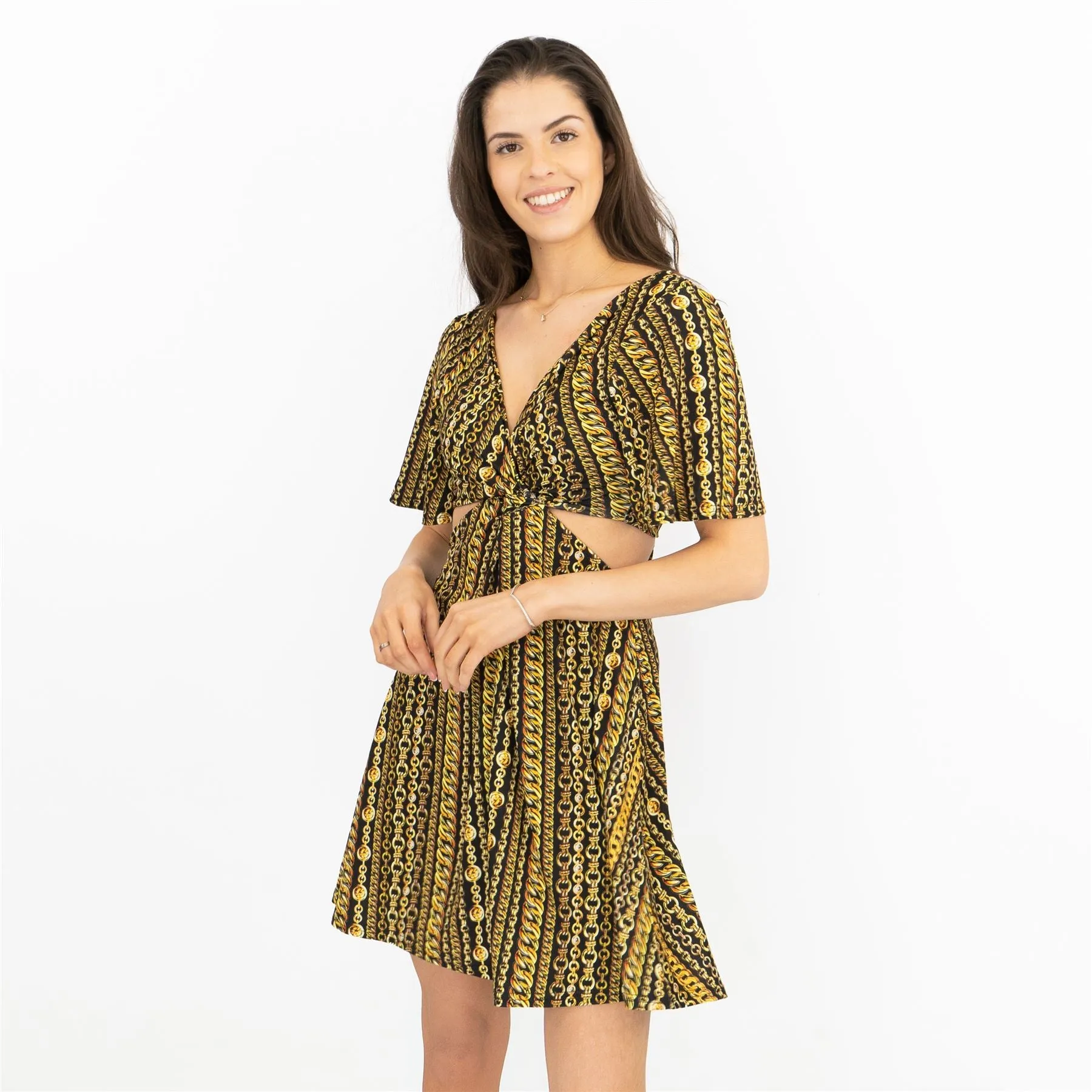 Karen Millen Side Cut Out Gold Chain Print Jersey Short Sleeve Mini Dress