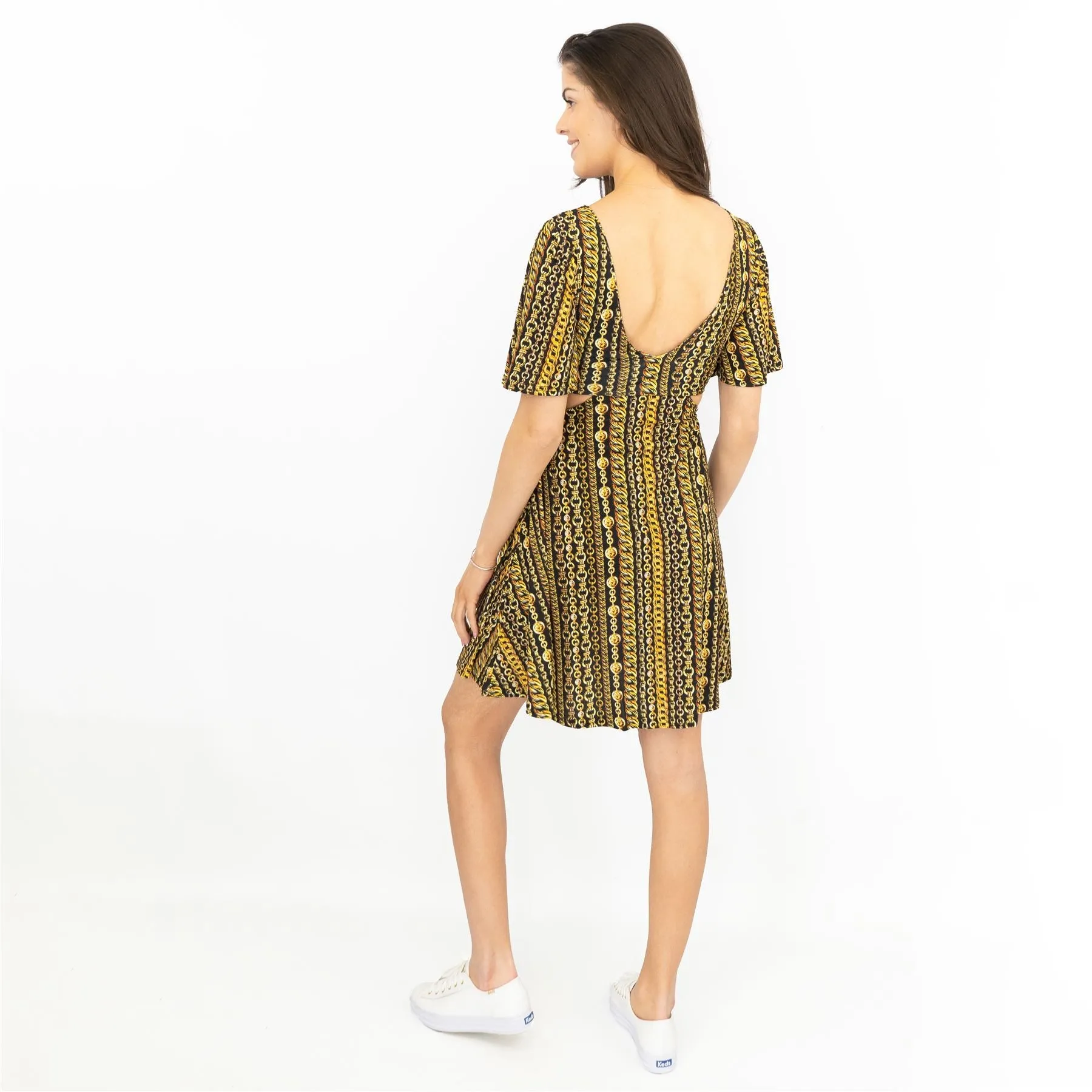 Karen Millen Side Cut Out Gold Chain Print Jersey Short Sleeve Mini Dress