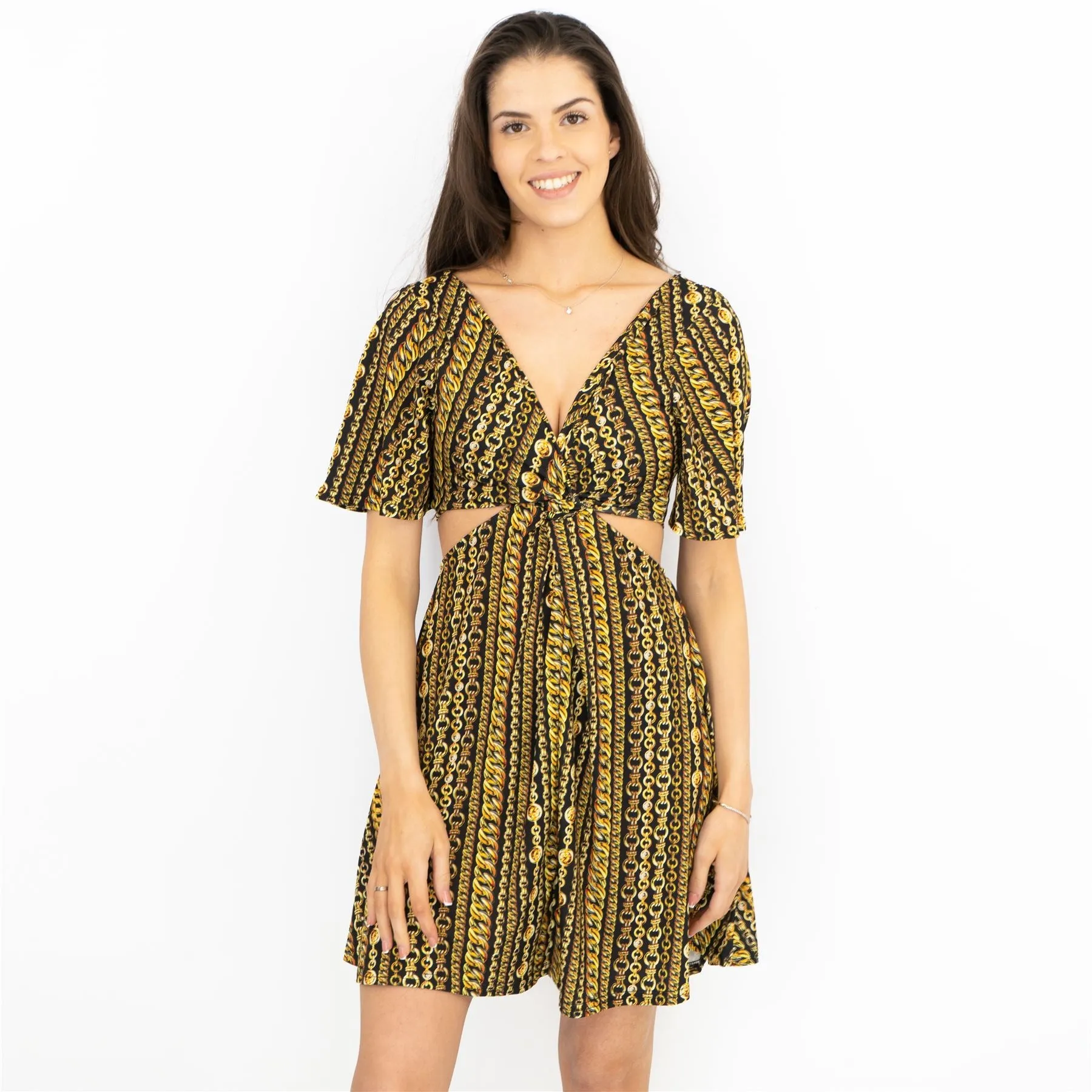 Karen Millen Side Cut Out Gold Chain Print Jersey Short Sleeve Mini Dress